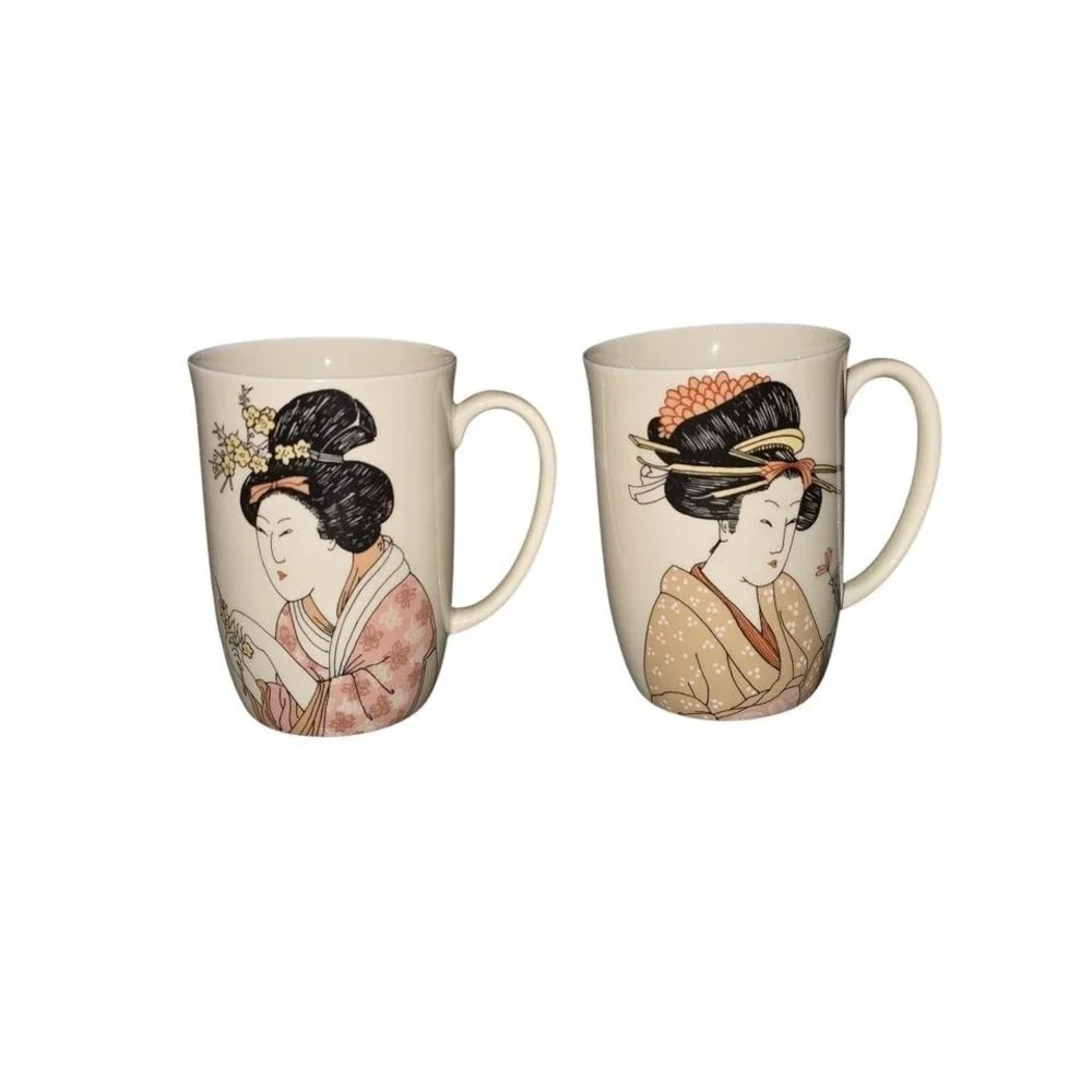 Fitz and Floyd Geisha Mugs Set of 2 MCMLXXVI Vintage Japanese Ceramic Coffee Tea